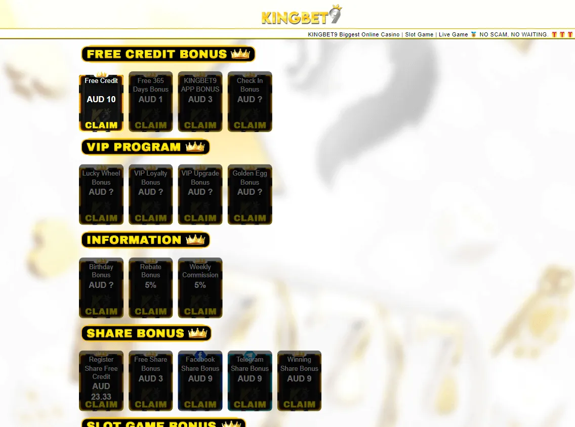 Kingbet9 Casino desktop promotions area with bonus and reward offers