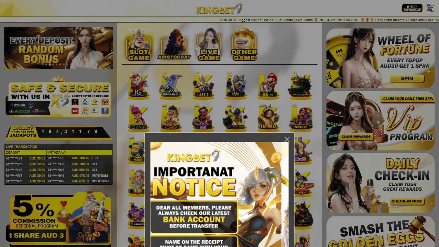 Kingbet9 Casino desktop games catalogue with pokies and casino titles